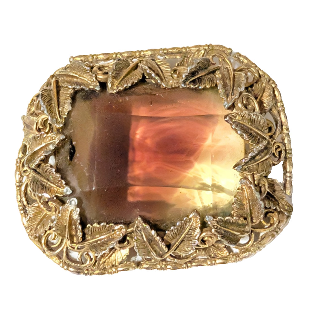 Large Onate Brooch Pin 2.5" Brown Amber Glass Faceted Stone Leaf Vintage go-119